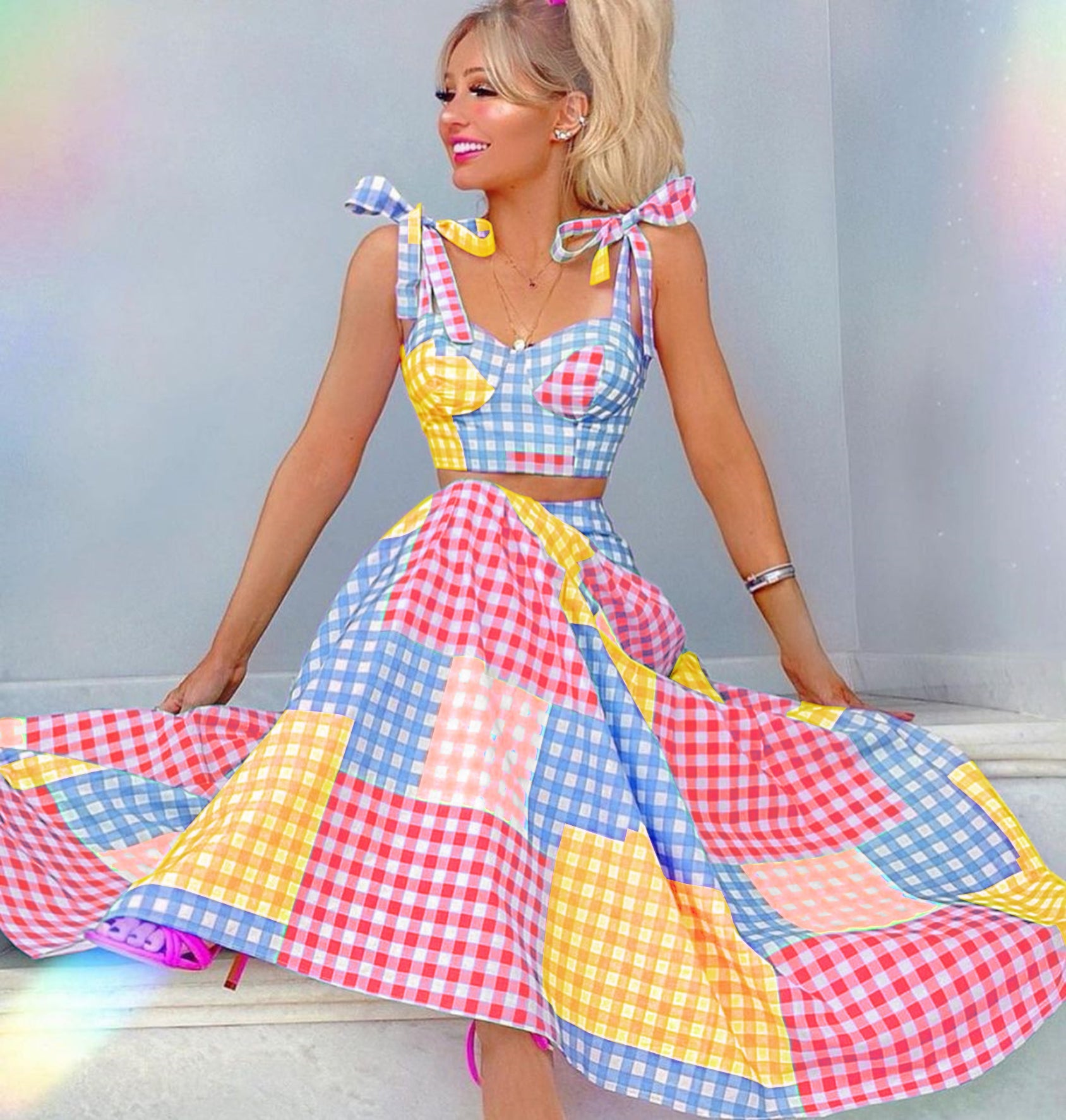 Colorful Plaid Lacing Shoulder Bikini Cover-up