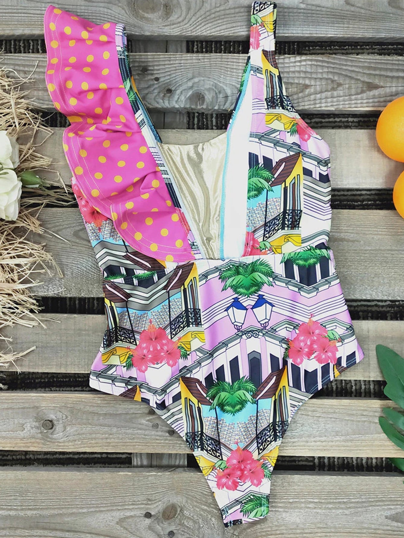 Ruffle Print Belt One Piece Swimsuit