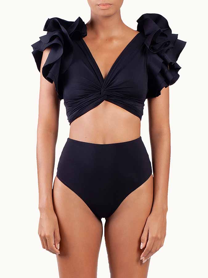 Solid Ruffle V-Neck Bikini