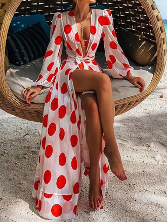 Polka-Dot Floral-Print Puff Sleeves Dress