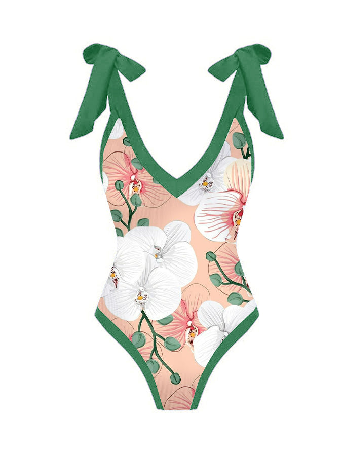Print Lace-Up Panel One-Piece Swimsuit
