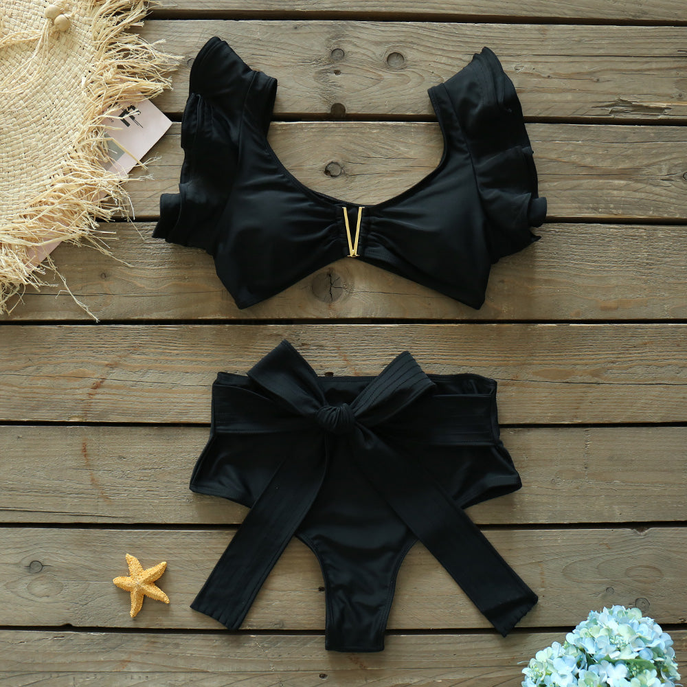Ruffles Solid High Waist Bikini Set