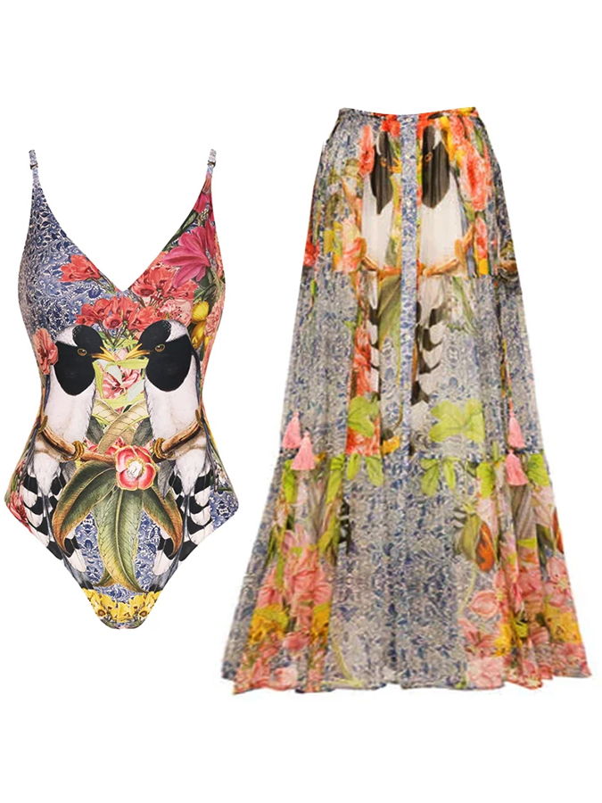 Bird Print One Piece Swimsuit and Skirt