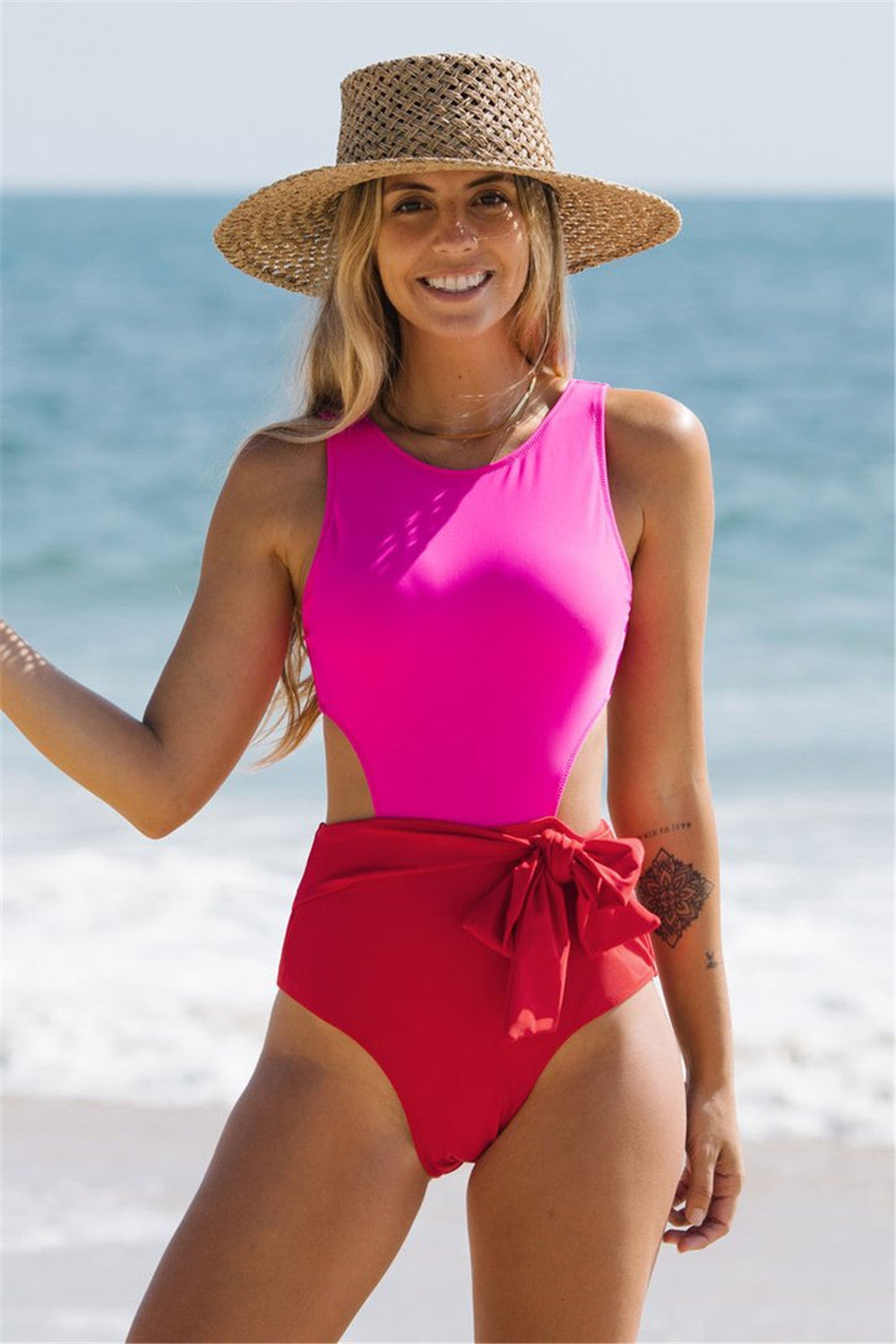 Cutout Color Block Bowknot Belt One Piece Swimsuit