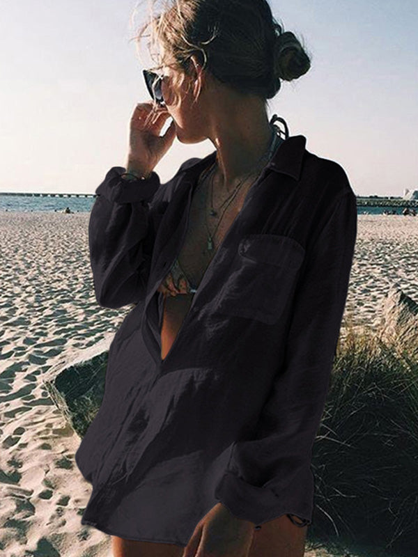 Simple Solid Color Button Long Sleeve Shirt-Style Cover-Up Swimwear