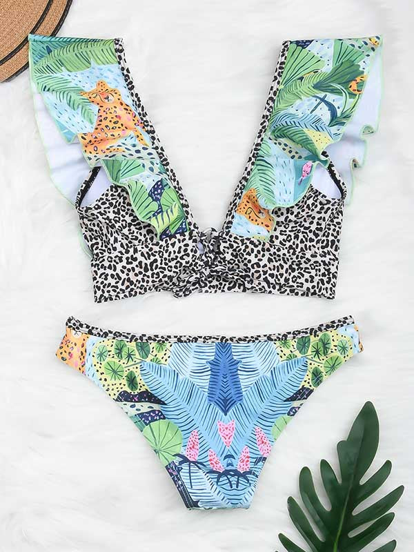 Floral Printed Deep V-Neck  Hipster Bikini