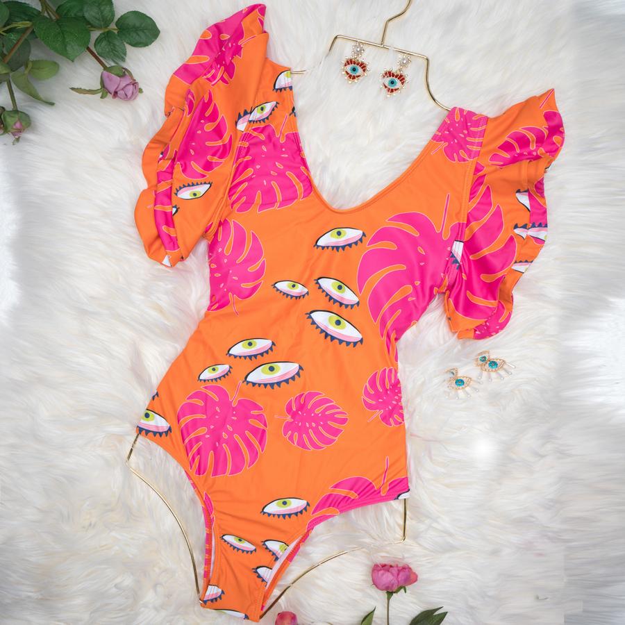 Print Ruffle One Piece Swimsuit Cover Up