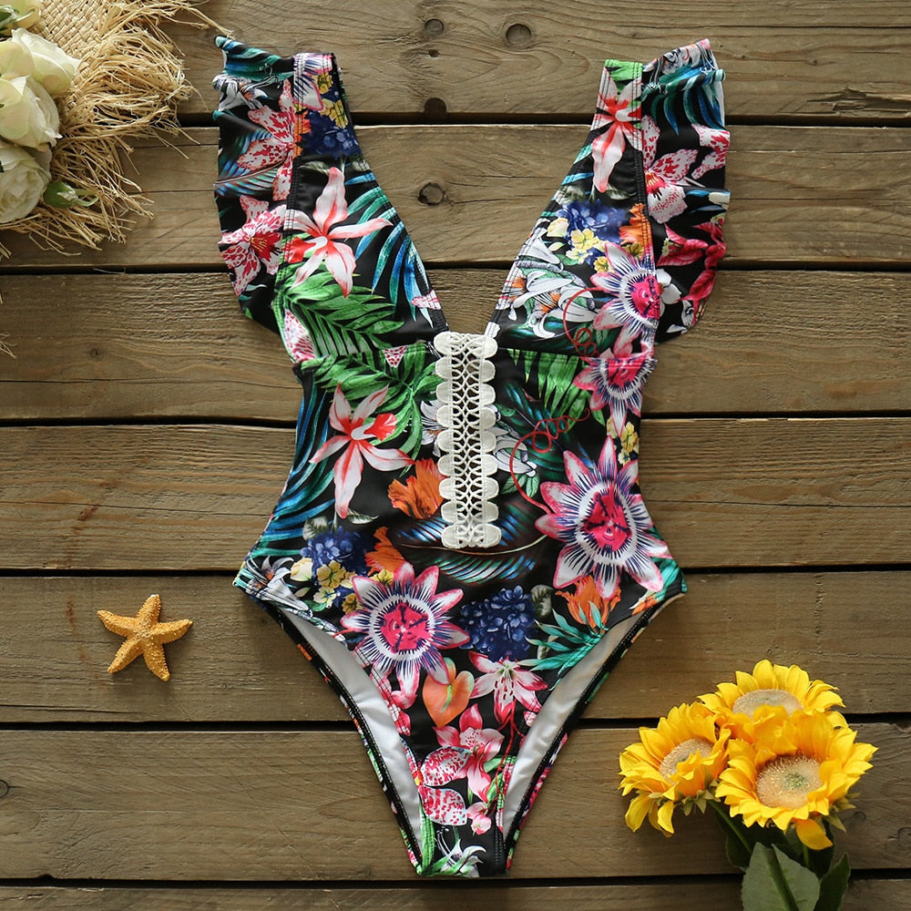 Sexy Ruffle Print Floral One Piece Swimsuit
