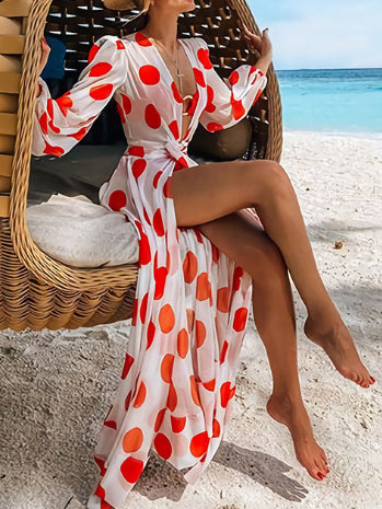 Polka-Dot Floral-Print Puff Sleeves Dress