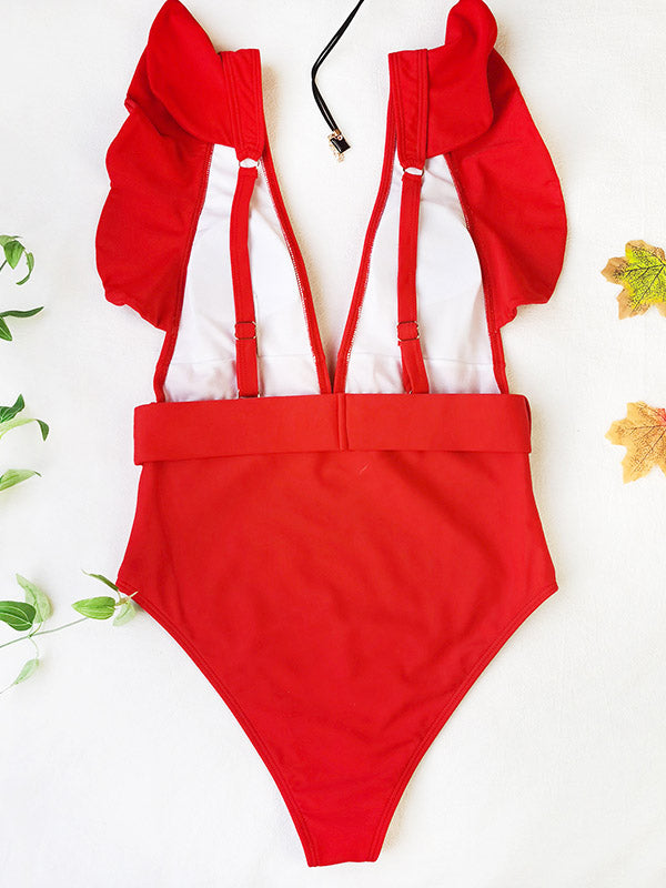 Solid Color Deep V-Neck Falbala Sexy Swimwear