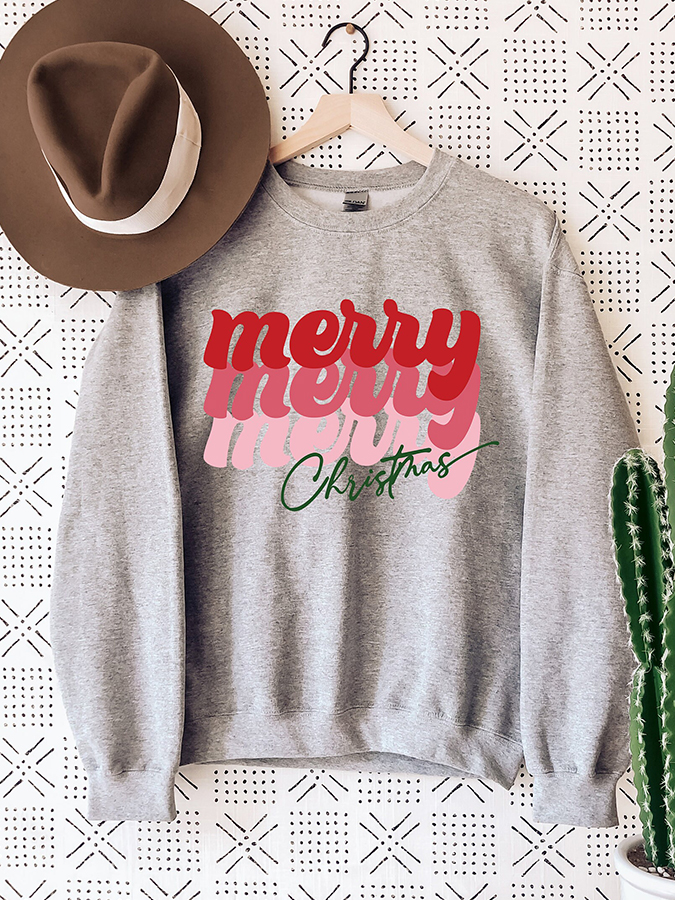 Merry Christmas Print Casual Crew Neck Sweatshirt