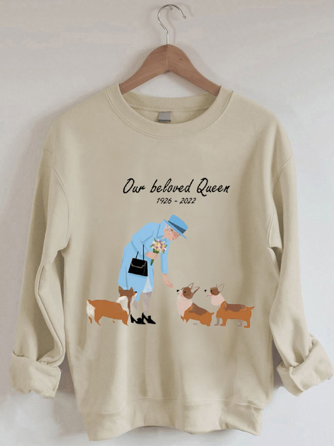 Queen of England Cartoon Print Casual Crew Neck Sweatshirt