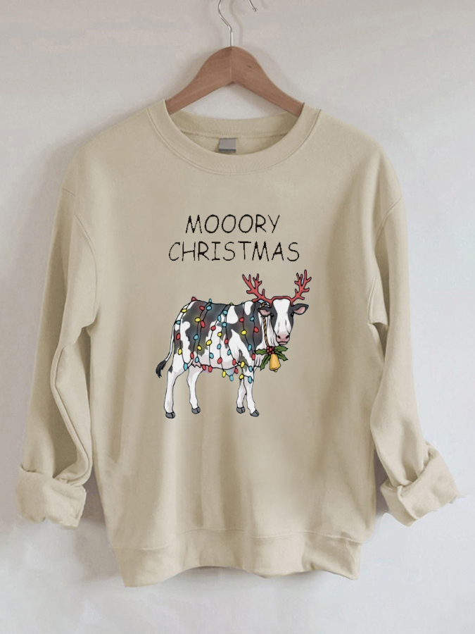 Merry Christmas Cow Moory Lights Print Long Sleeve Sweatshirt