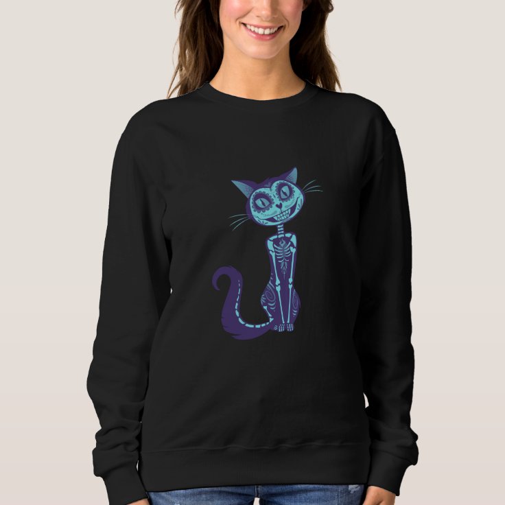 Halloween Blue Cat Print Long Sleeve Sweatshirt