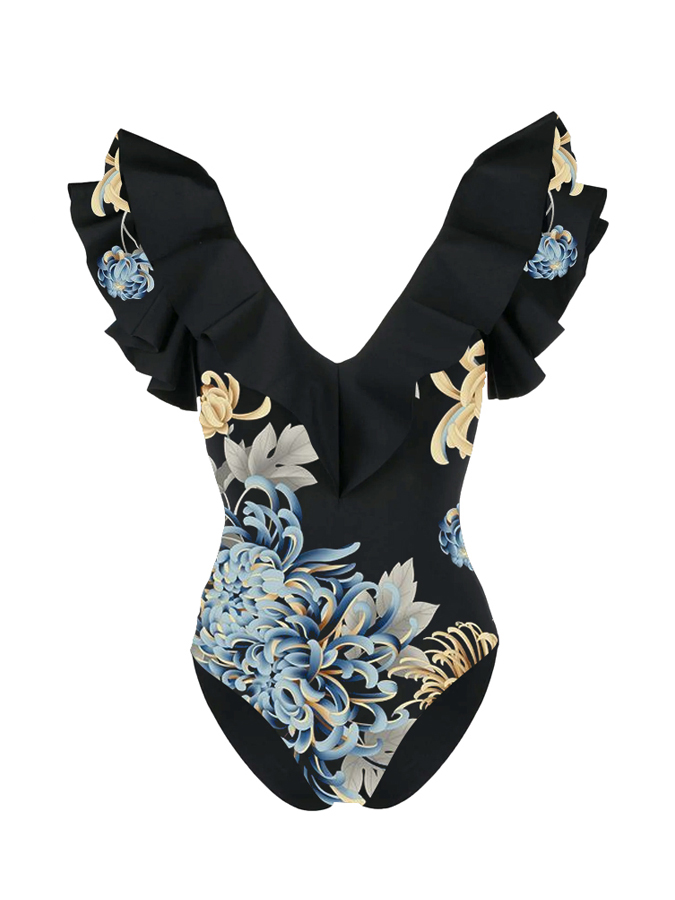 Chrysanthemum Print Ruffle One Piece Swimsuit And Cover Up