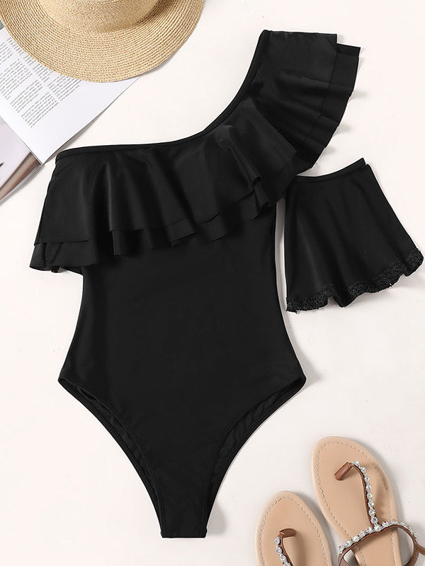One-Shoulder Falbala One-Piece Swimwear