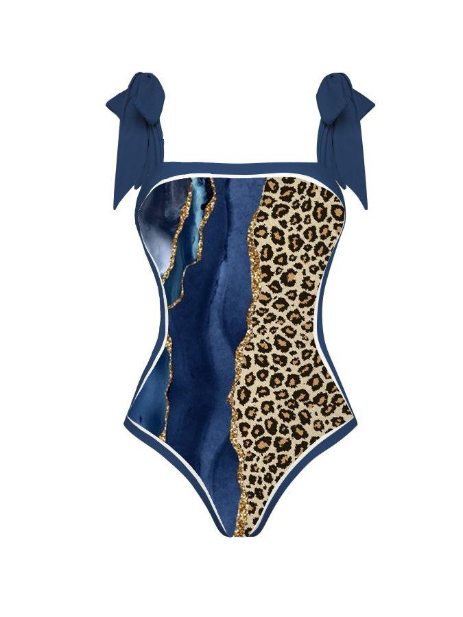 Marble Leopard Print Patchwork One Piece And Cover Up