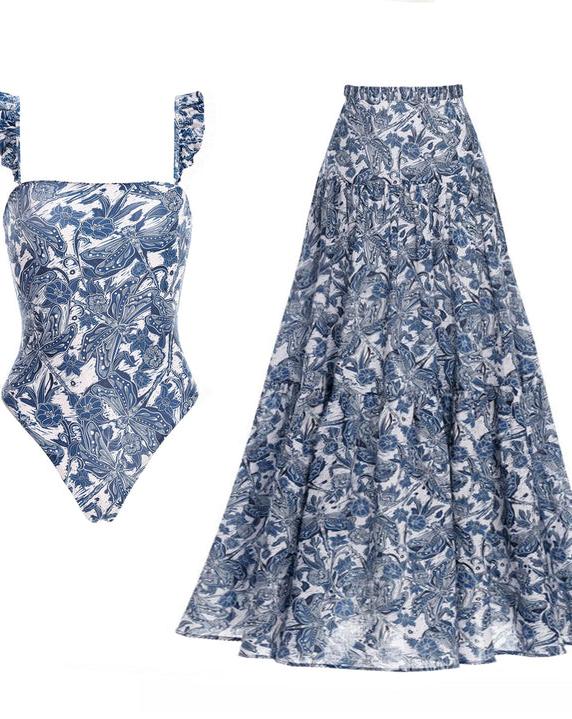 FLAXMAKER BLUE DRAGONFLY PRINTED SWIMSUIT AND