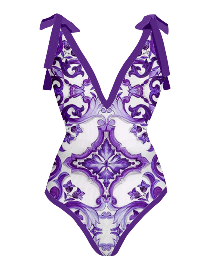 Fashion Vintage V-Neck Print One-Piece Swimsuit