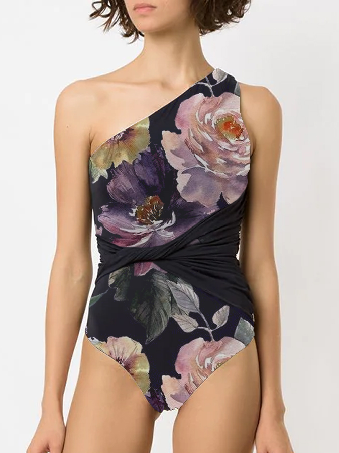 Vintage Rose Print One Shoulder One Piece Swimsuit And Cover up