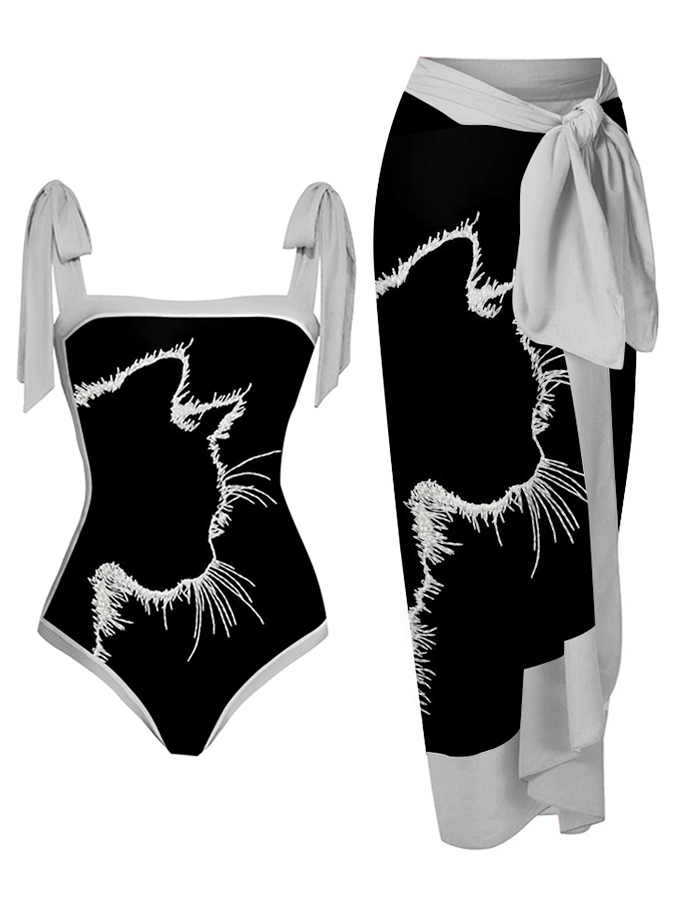 Vintage Cat Colorblock Print One-Piece Swimsuit Set