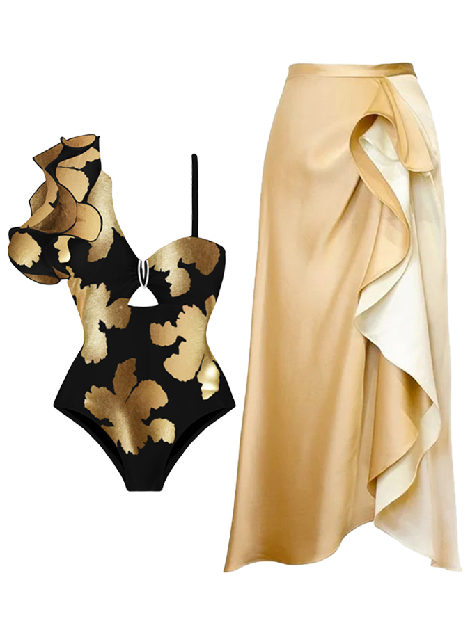 Ruffle Printed One Piece Swimsuit and Skirt
