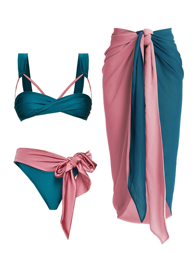 Sexy Blue Pink Color Block One Piece Swimsuit And Cover Up