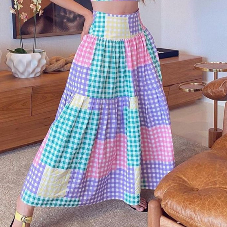 Colorful Plaid Lacing Shoulder Bikini Cover-up