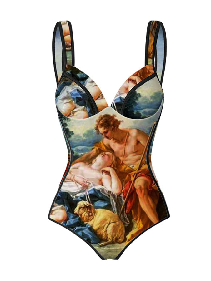 Vintage Print One Piece Swimsuit Set