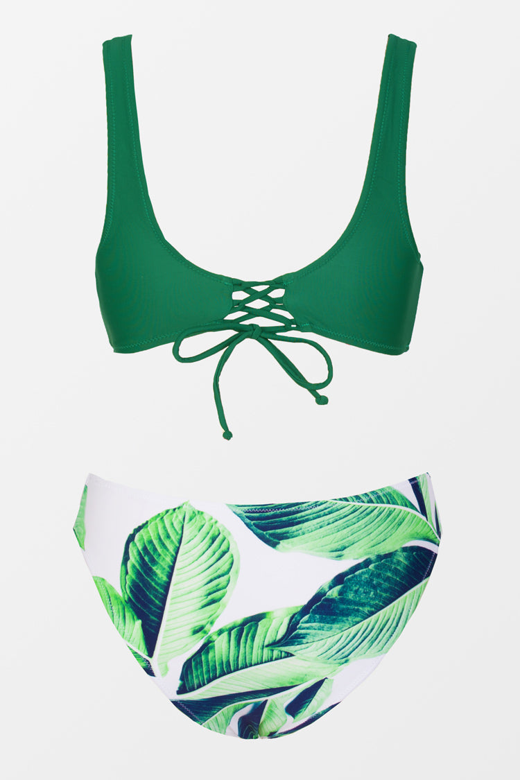 Green Solid and Leafy Print Bikini