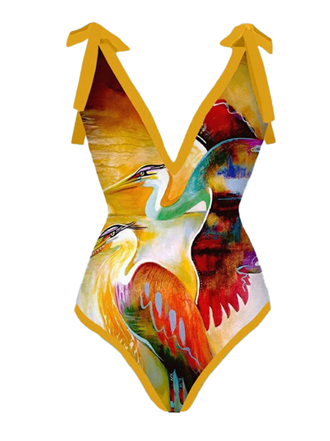 Vintage V-Neck Print One-Piece Swimsuit Set