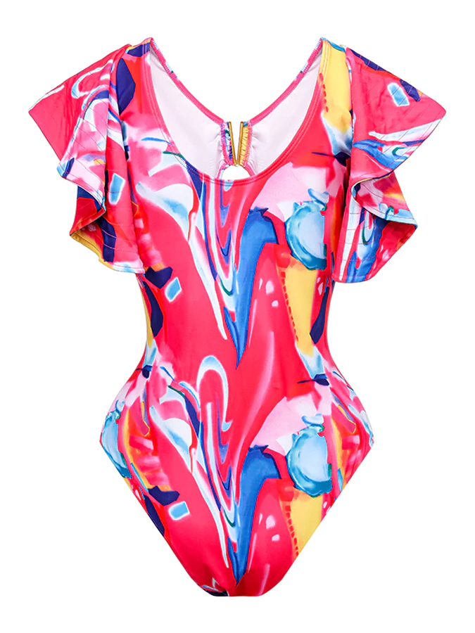 Printed Cutouts One-Piece Swimsuit and Cover-Up