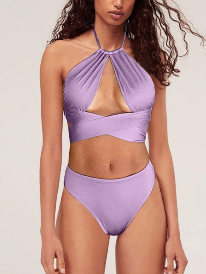 Solid Color Backless Bikini Set