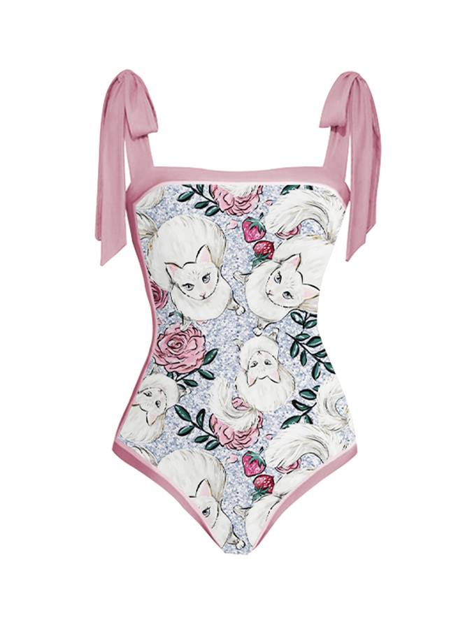 Cat Fashion Print Tie One Piece Swimsuit