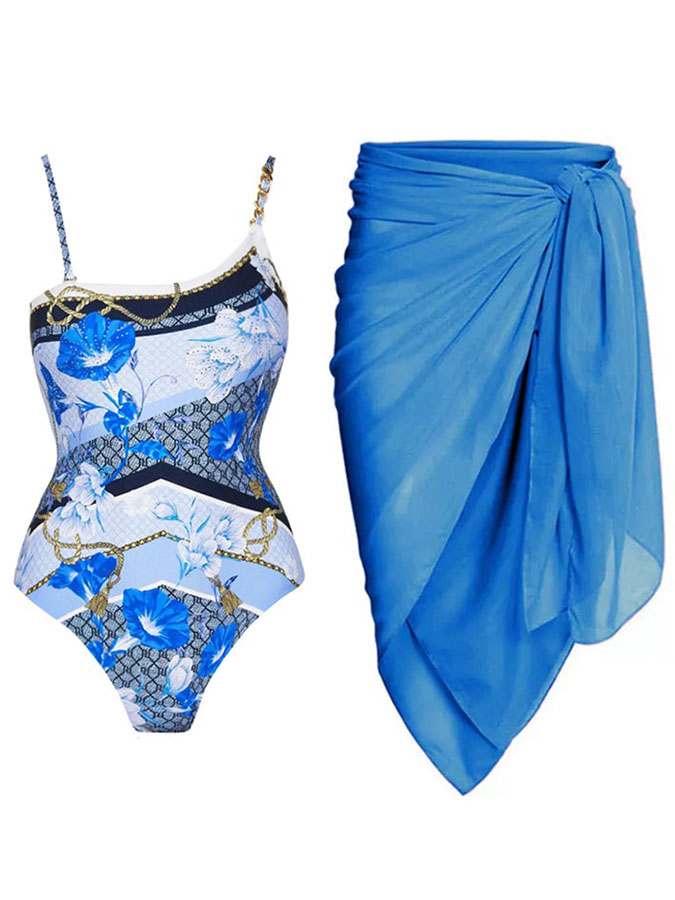 Fashion Colorblock Floral Print One-Piece Swimsuit Set