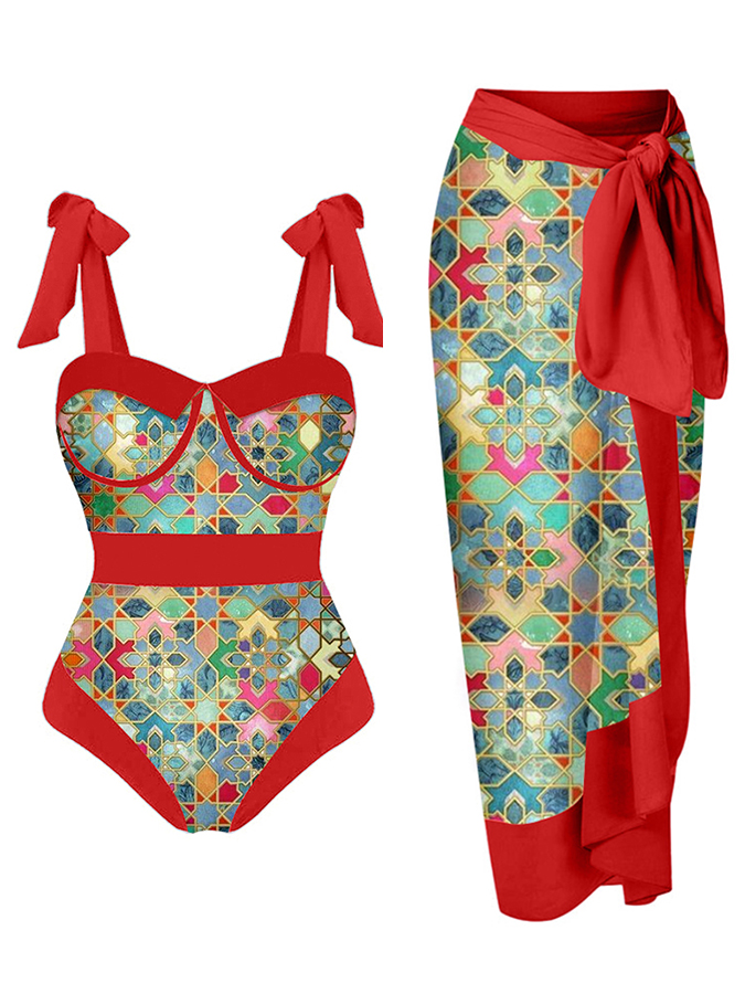 Vintage Colorblock Ethnic Print Swimsuit Set