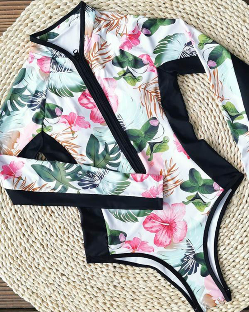 Printed Long Sleeve Zipper Wetsuit Swimsuit