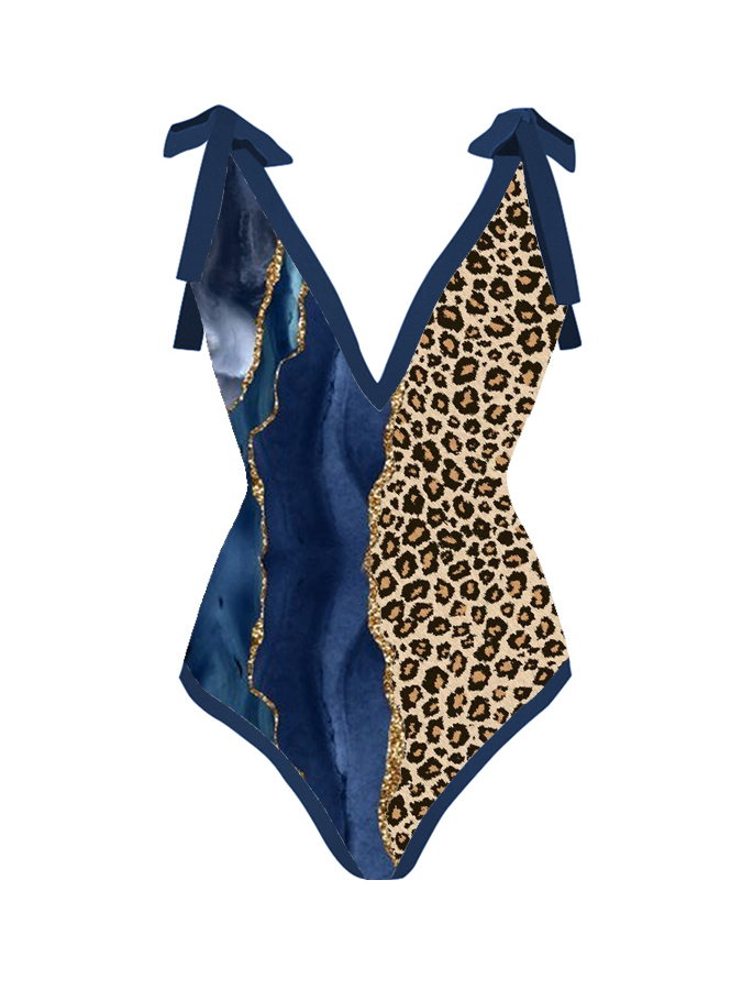 Marble Leopard Print Patchwork One Piece And Cover Up