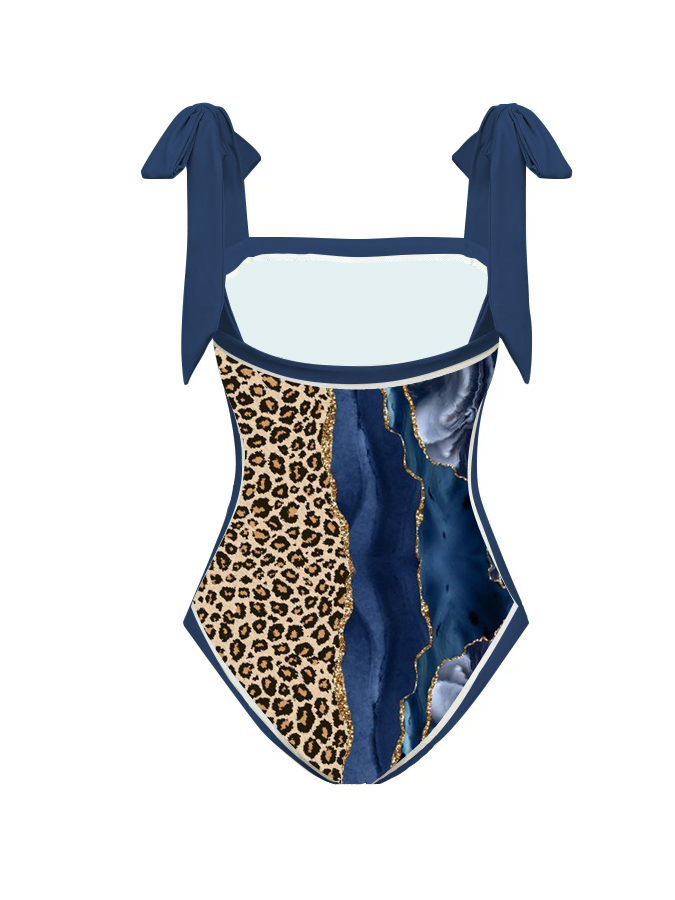 Marble Leopard Print Patchwork One Piece And Cover Up
