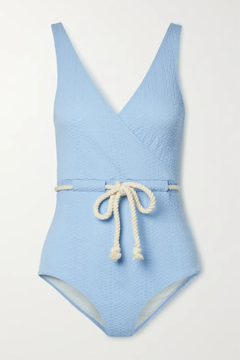 Belted wrap-effect seersucker swimsuit