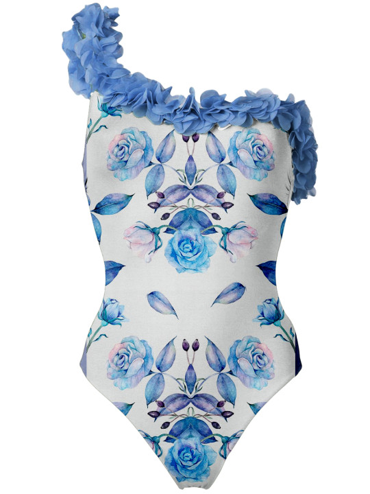 Printed Petal Trim One Piece Swimsuits and Cover-Ups