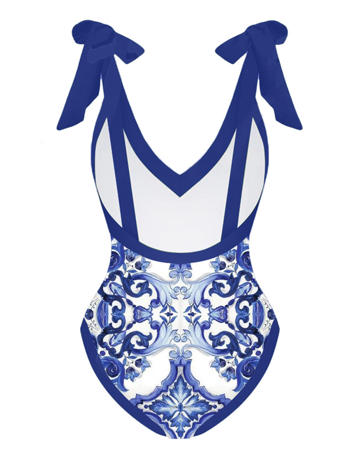 Fashion Vintage V-Neck Print One-Piece Swimsuit