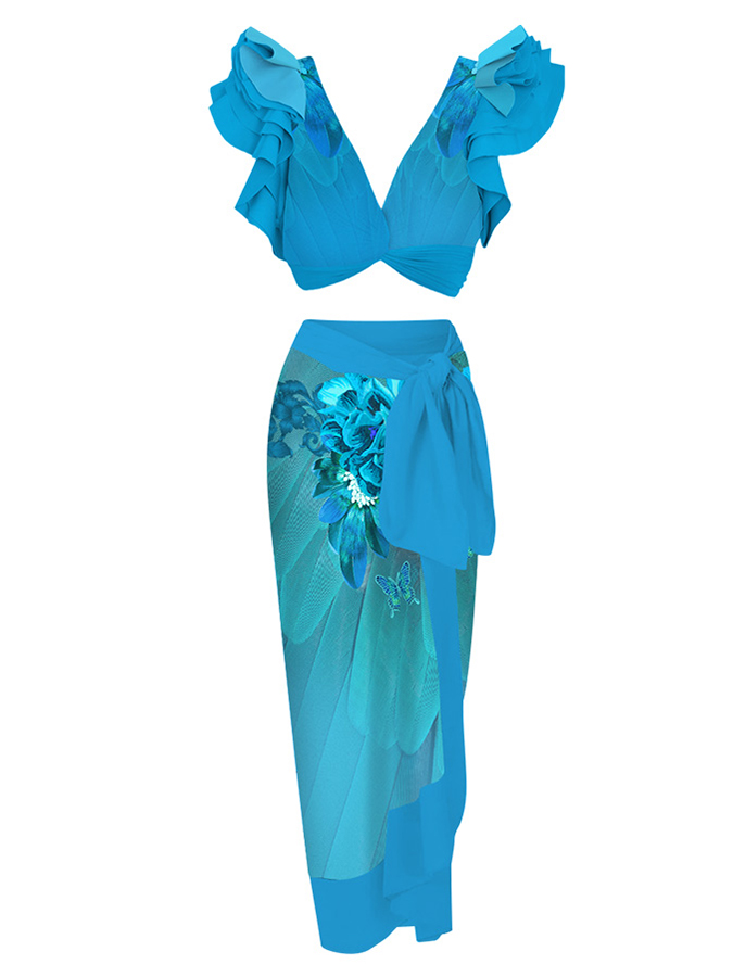 Ruffled Plumage Print Bikini and Cover-up