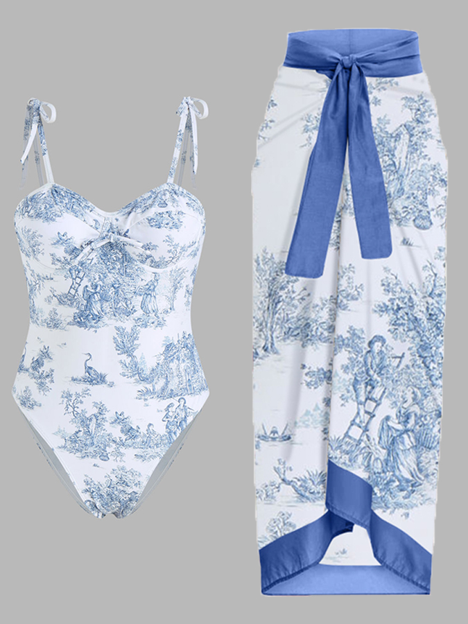 Printed Lace-Up One Piece Swimsuit