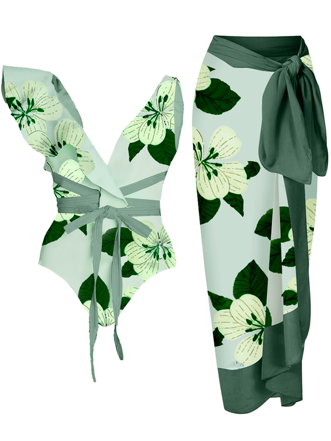 One-Shoulder Ruffle Print One-Piece Swimsuit