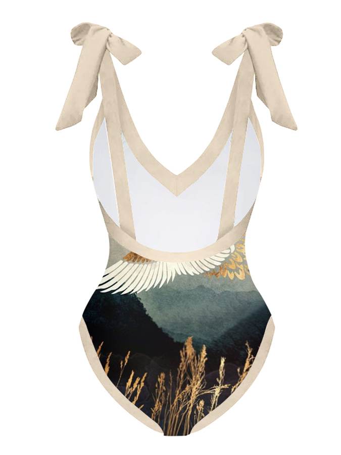 Vintage V-Neck Print One-Piece Swimsuit Set