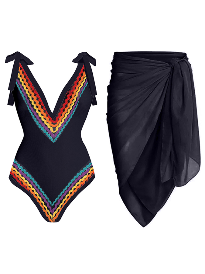 Vintage Colorblock Ethnic Striped Print One-Piece Swimsuit Set