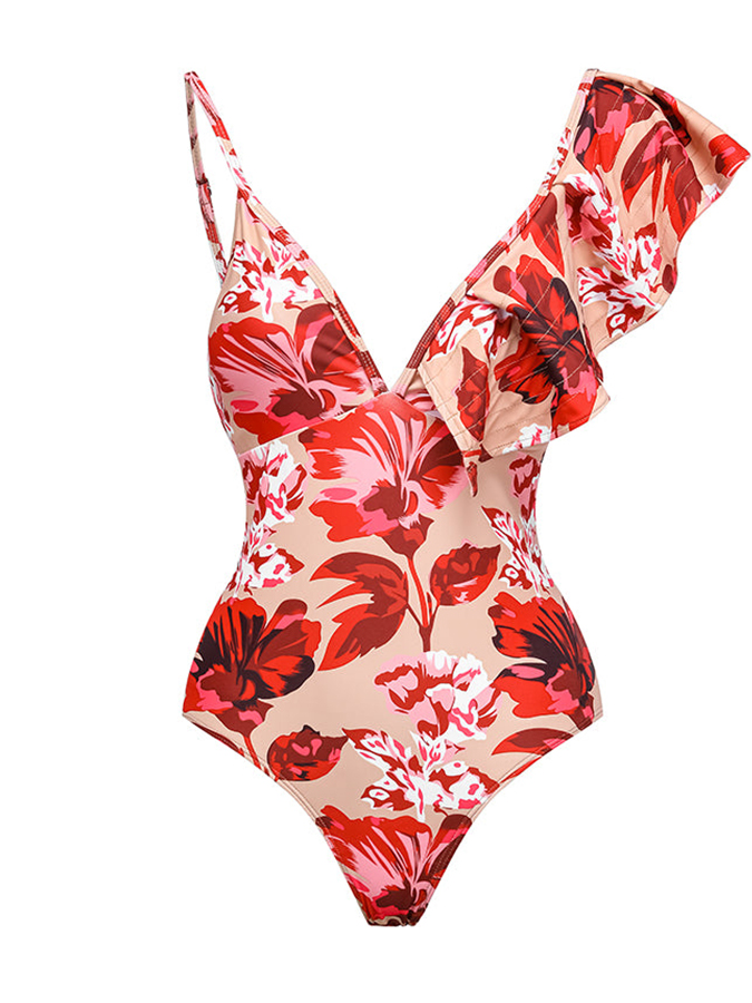 Fashion Print One-Shoulder Ruffle One-Piece Swimsuit