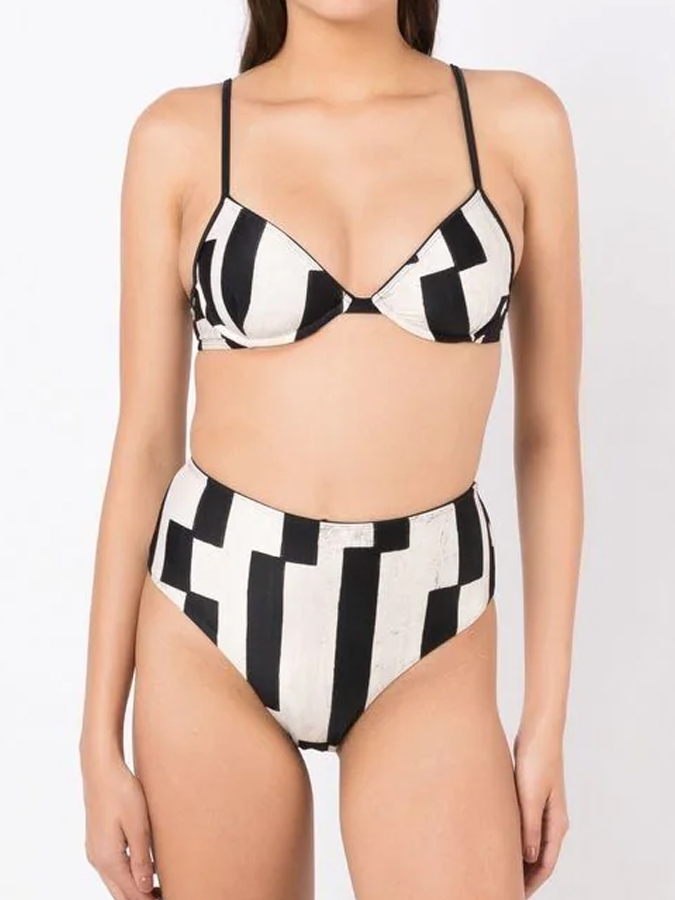 Black & White Offset Stripes Print One Shoulder One Piece Swimsuit And Cover Up