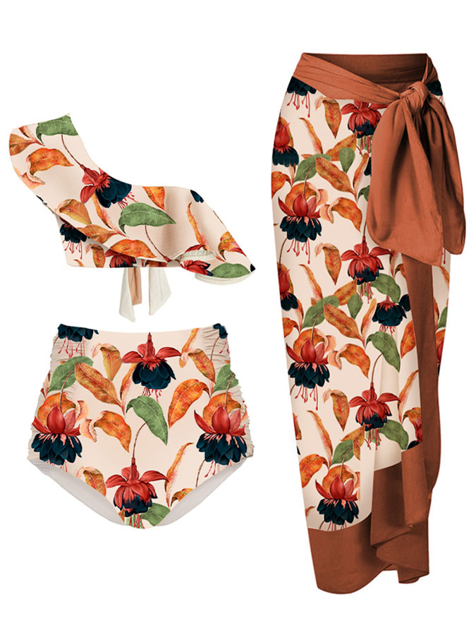 One-Shoulder Ruffled Floral-Print Bikini Set